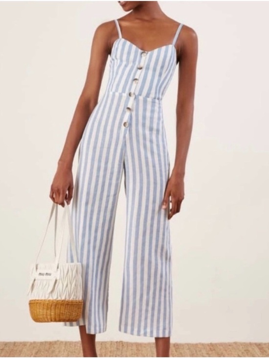 Reformation Pants - Reformation Torta Blue & White Striped Button-Front Linen Jumpsuit 4 small